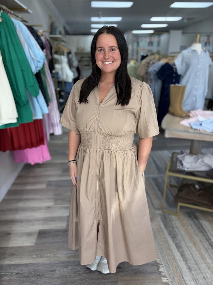 Taupe Smocked Midi Dress