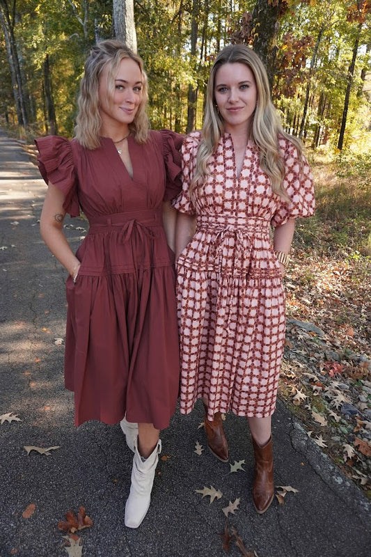 Chainlink Printed Puff Sleeve Midi Dress