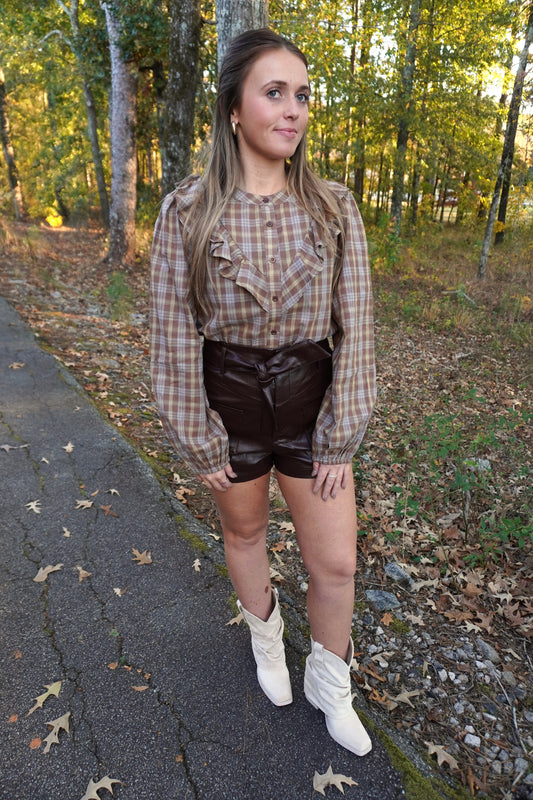 Ruffled Plaid Button-Up Top