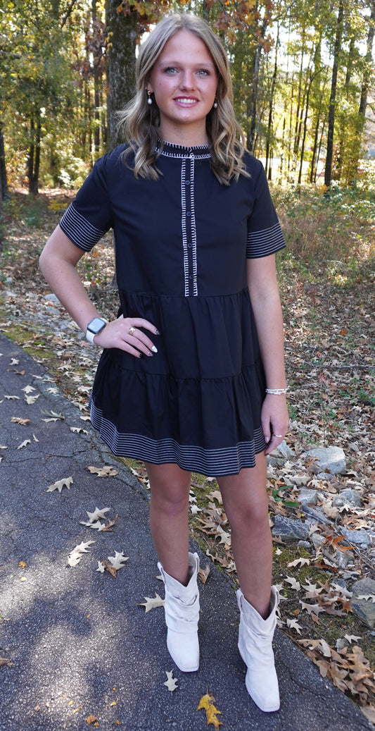 Top-Stitch Short Sleeve Mini Dress