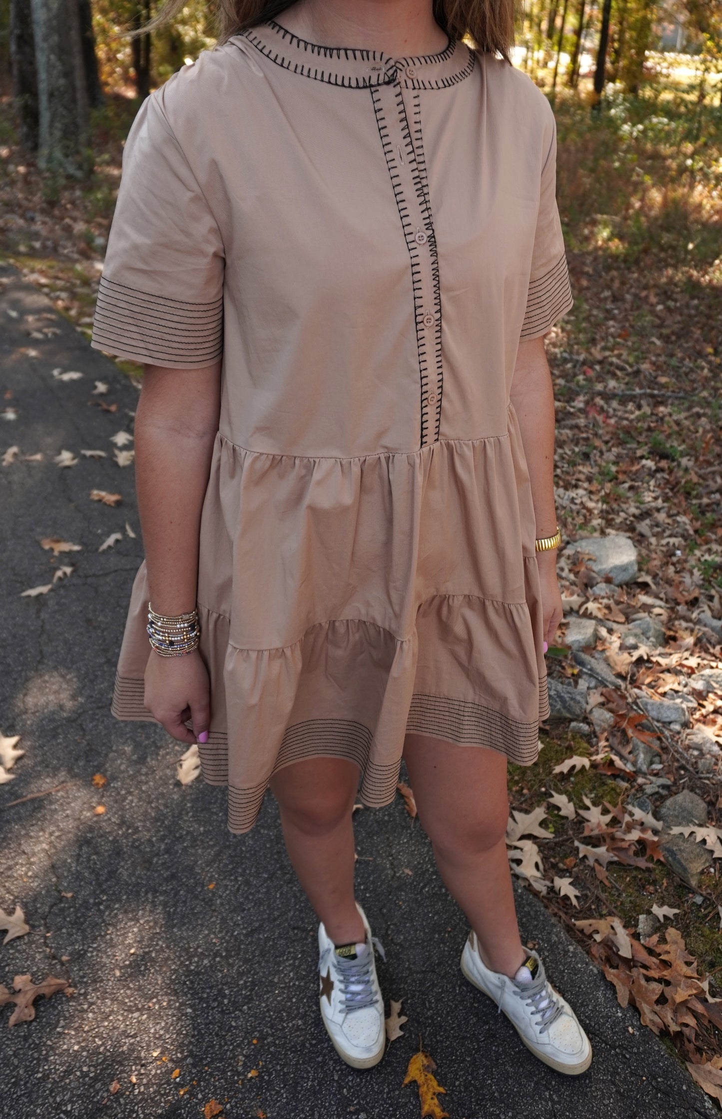 Top-Stitch Short Sleeve Mini Dress