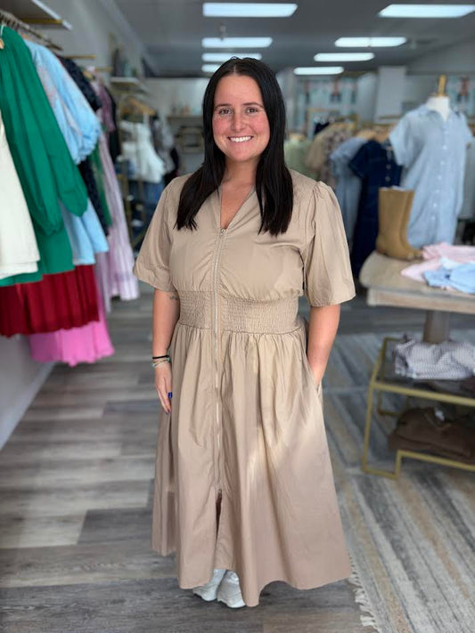 Taupe Smocked Midi Dress