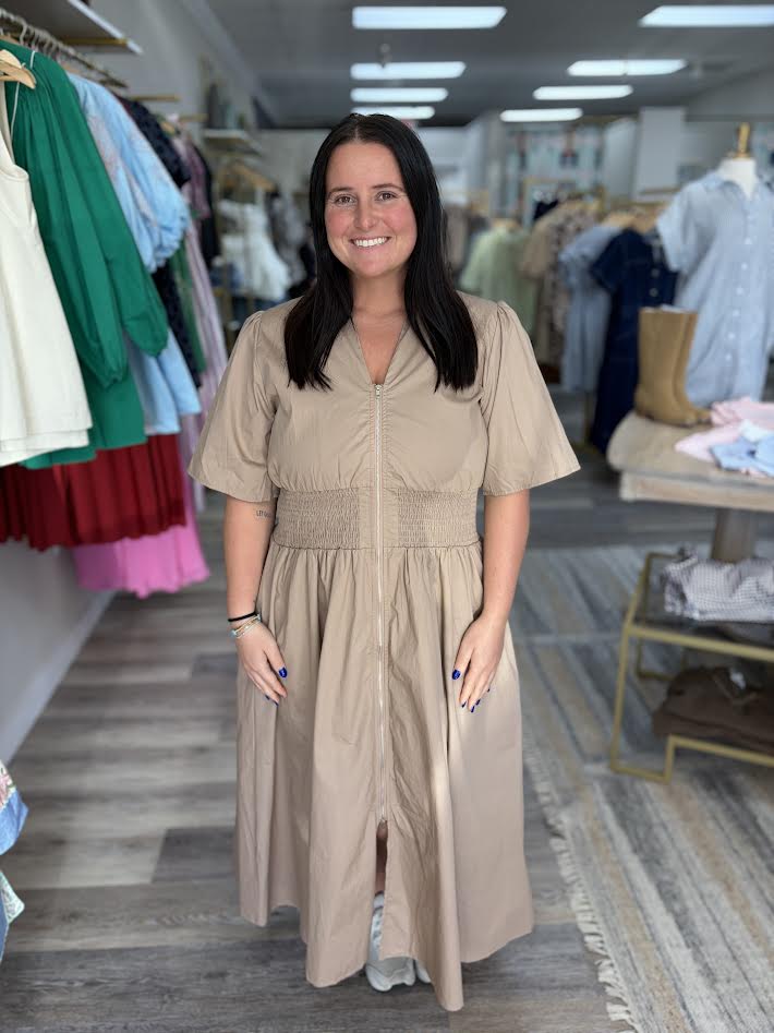 Taupe Smocked Midi Dress