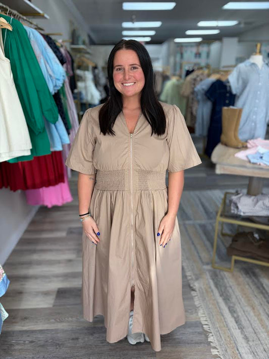 Taupe Smocked Midi Dress