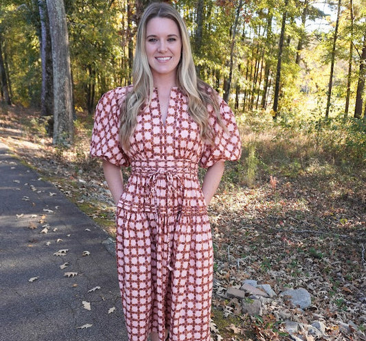 Chainlink Printed Puff Sleeve Midi Dress