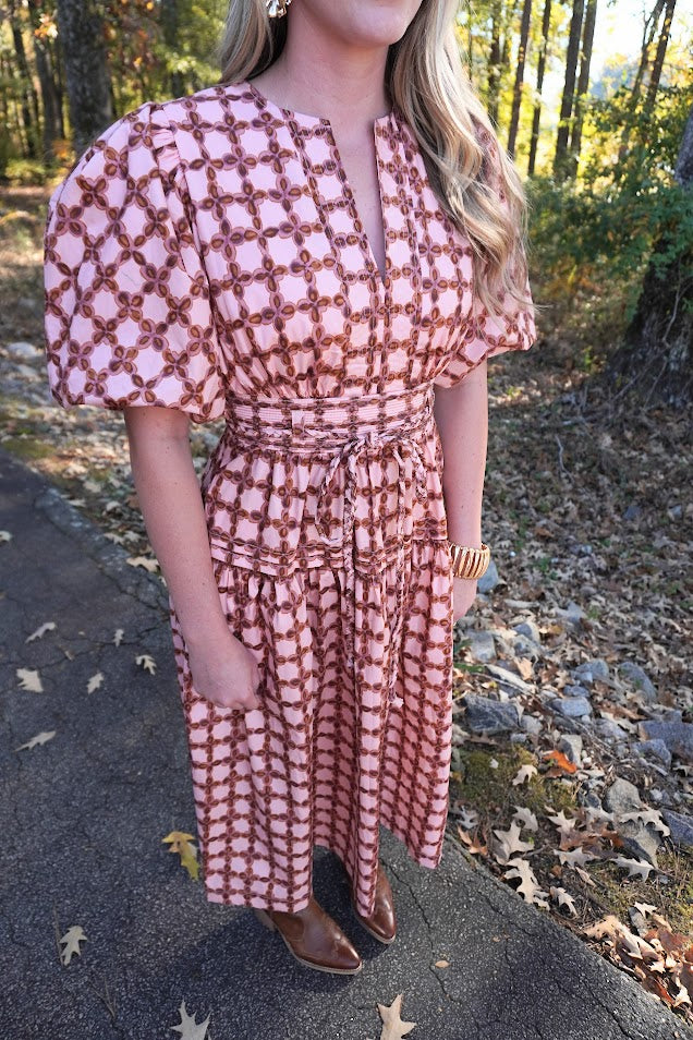 Chainlink Printed Puff Sleeve Midi Dress