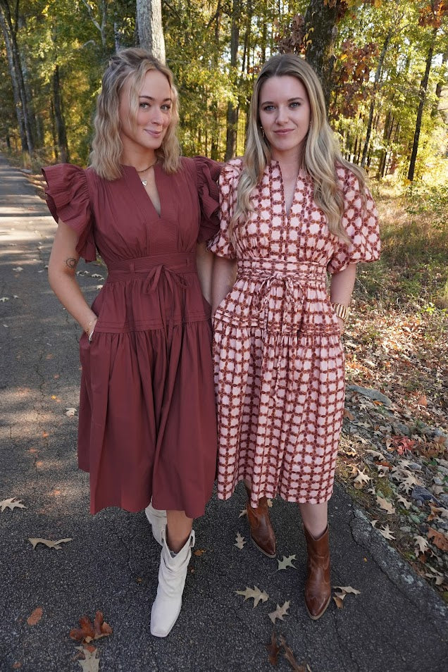 Chainlink Printed Puff Sleeve Midi Dress