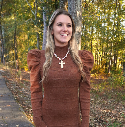 Mock Neck Puff Sleeve Knit Sweater