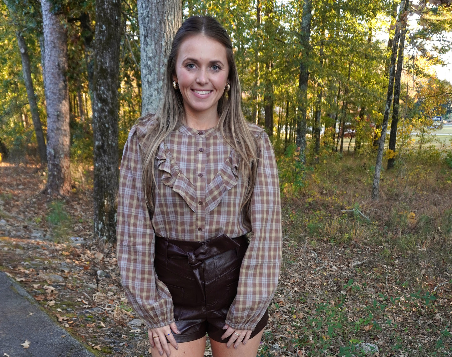 Ruffled Plaid Button-Up Top