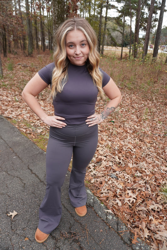 Charcoal Ruched Waist Flare Leggings