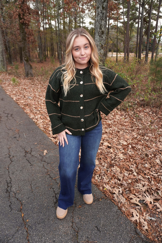 Green Button Striped Cardigan