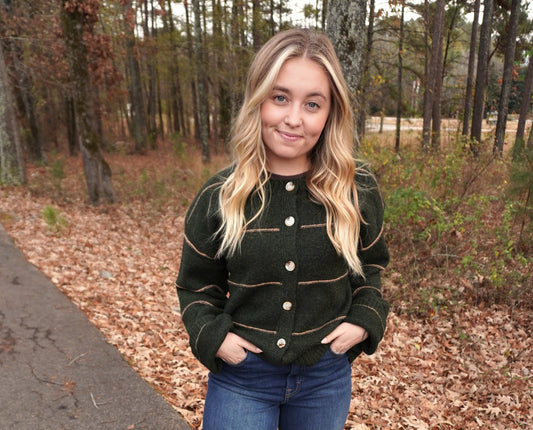 Green Button Striped Cardigan