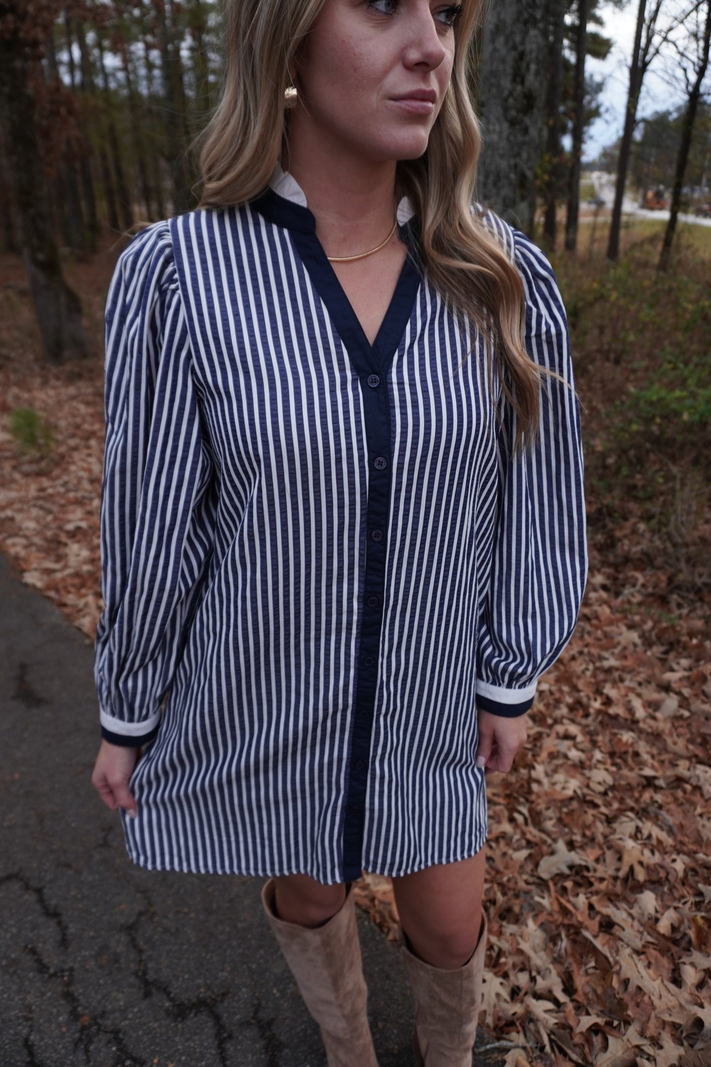 Ruffled Neckline Button Down Striped Dress