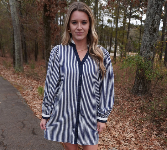 Ruffled Neckline Button Down Striped Dress