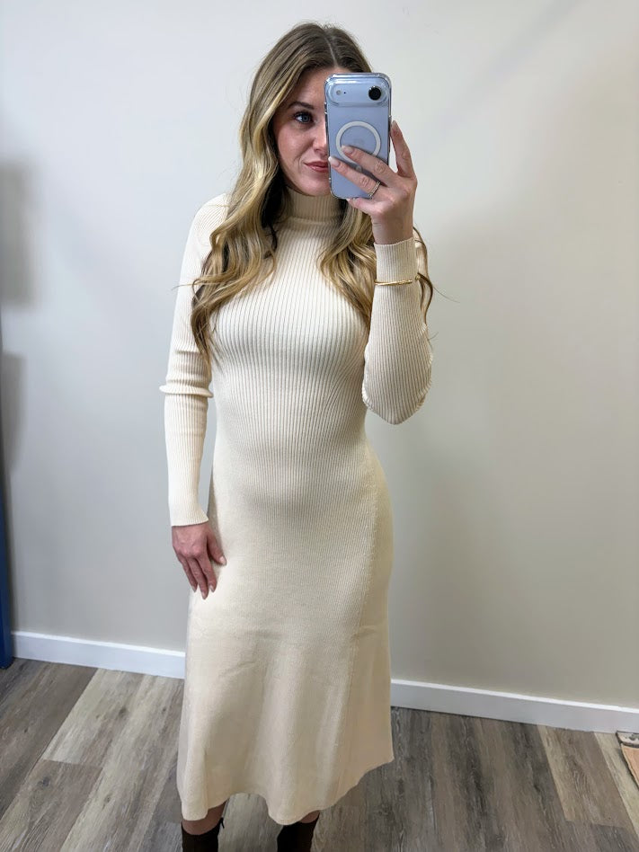 Cream Knit Flared Midi Dress