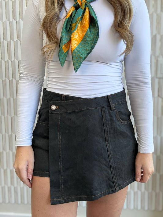 Black Denim Front Wrap Skort