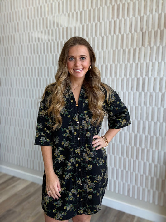Black Denim Floral Mini Dress