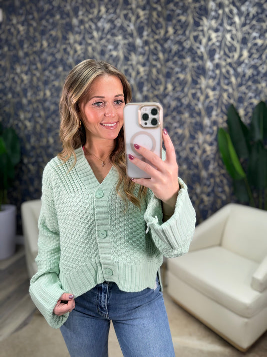 Mint Knit Cropped Button Up Cardigan