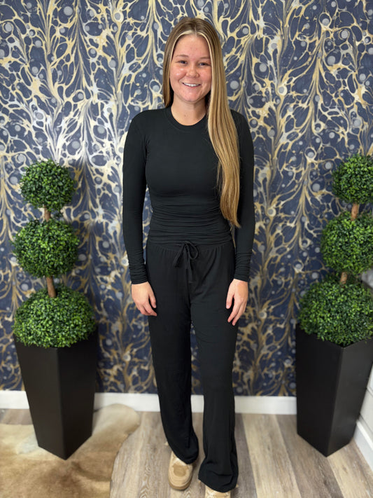 Black Soft Knit Jersey Wide Leg Pants