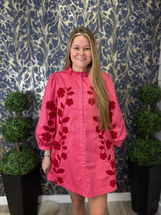 Dark Pink Ruffle Neck Mini Dress